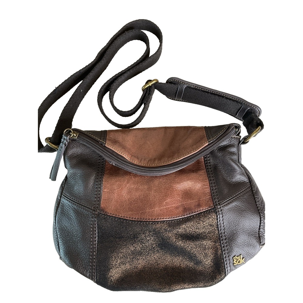 The Sak Deanna Leather Metallic Brown Hobo Boho Patchwork Shoulder Bag Purse - Picture 5 of 11